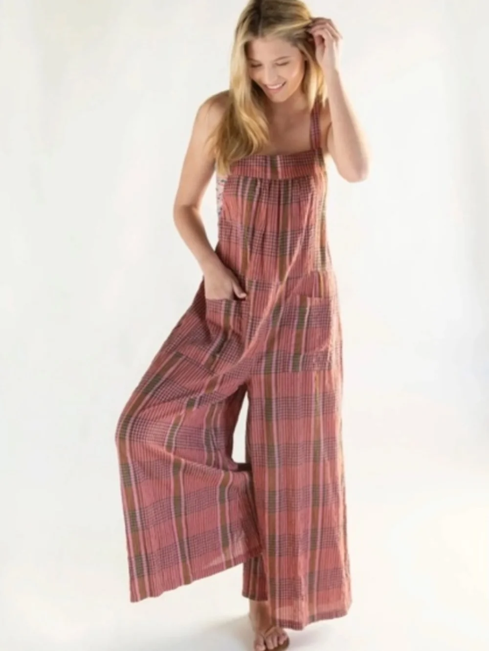 Natural Life Dakota Plaid Tie Overalls in Pink Plaid - Picture 1 of 5